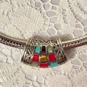 Vintage Sterling Silver Slide Pendant W/ Inlays And Nice Silver Tone 18” Chain